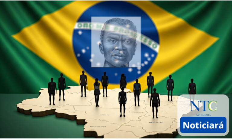 Imagem representando o Brasil e imagens representativas homens e mulheres negros (as), com Zumbi dos Palmares ao centro, transparecendo a Bandeira do Brasil.