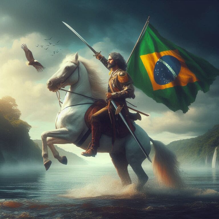 Um homem em um cavalo branco segurando uma espada e a bandeira do brasil tremulando a beira de um rio