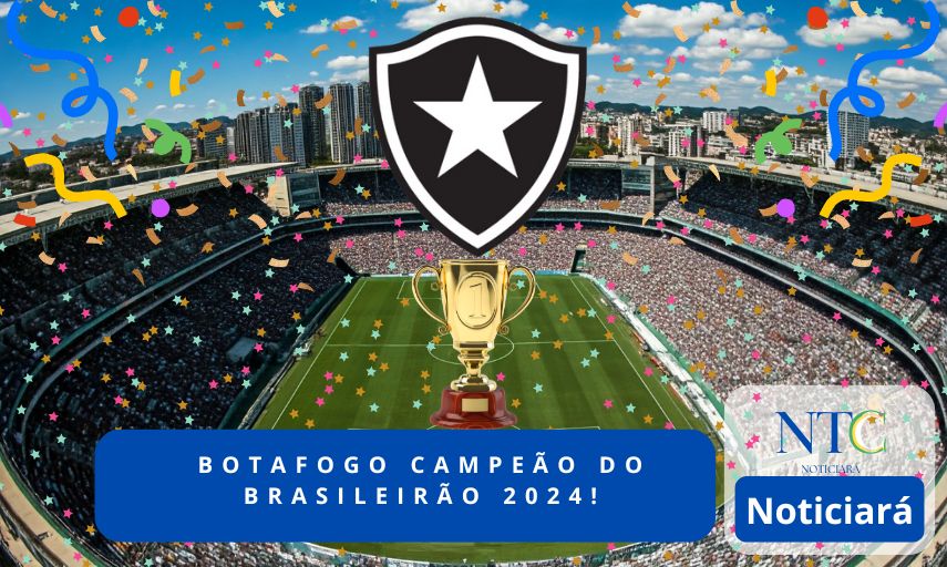 Botafogo campeão do Brasileirão 2024! Imagem de um estádio, com o símbolo do Botafogo ao centro sobre um troféu.