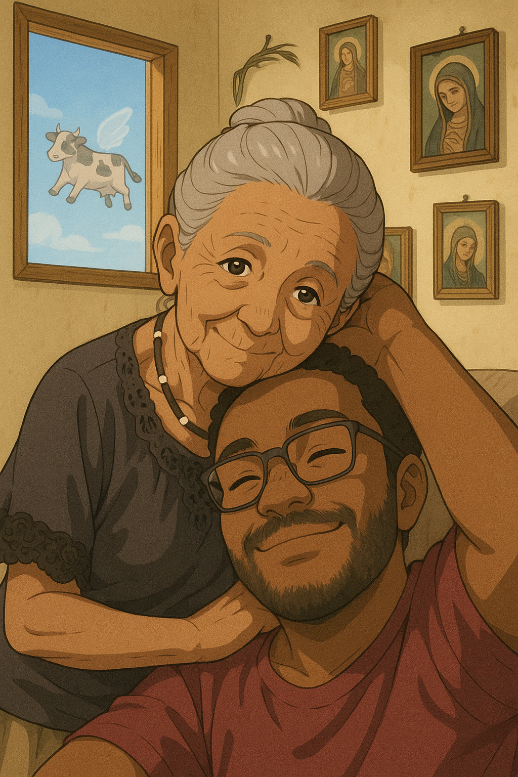Imagem estilo anime, com uma cena de uma mãe e seu filho em momento de carinho e amor!